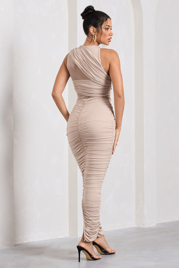 Born With It Champagne Sleeveless High-Neck Draped Maxi Dress With Mesh Inserts